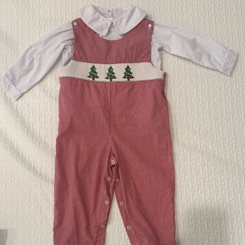 Festive Red and White Kids Footie with Tree Smock Design